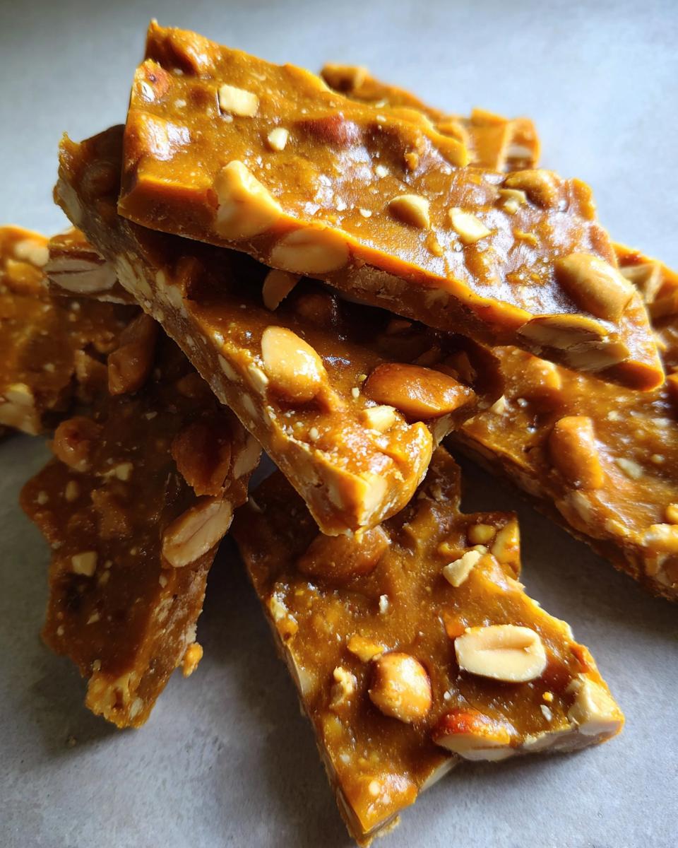 A stack of delicious Homemade Peanut Brittle pieces with visible peanuts and a glossy, caramelized surface.