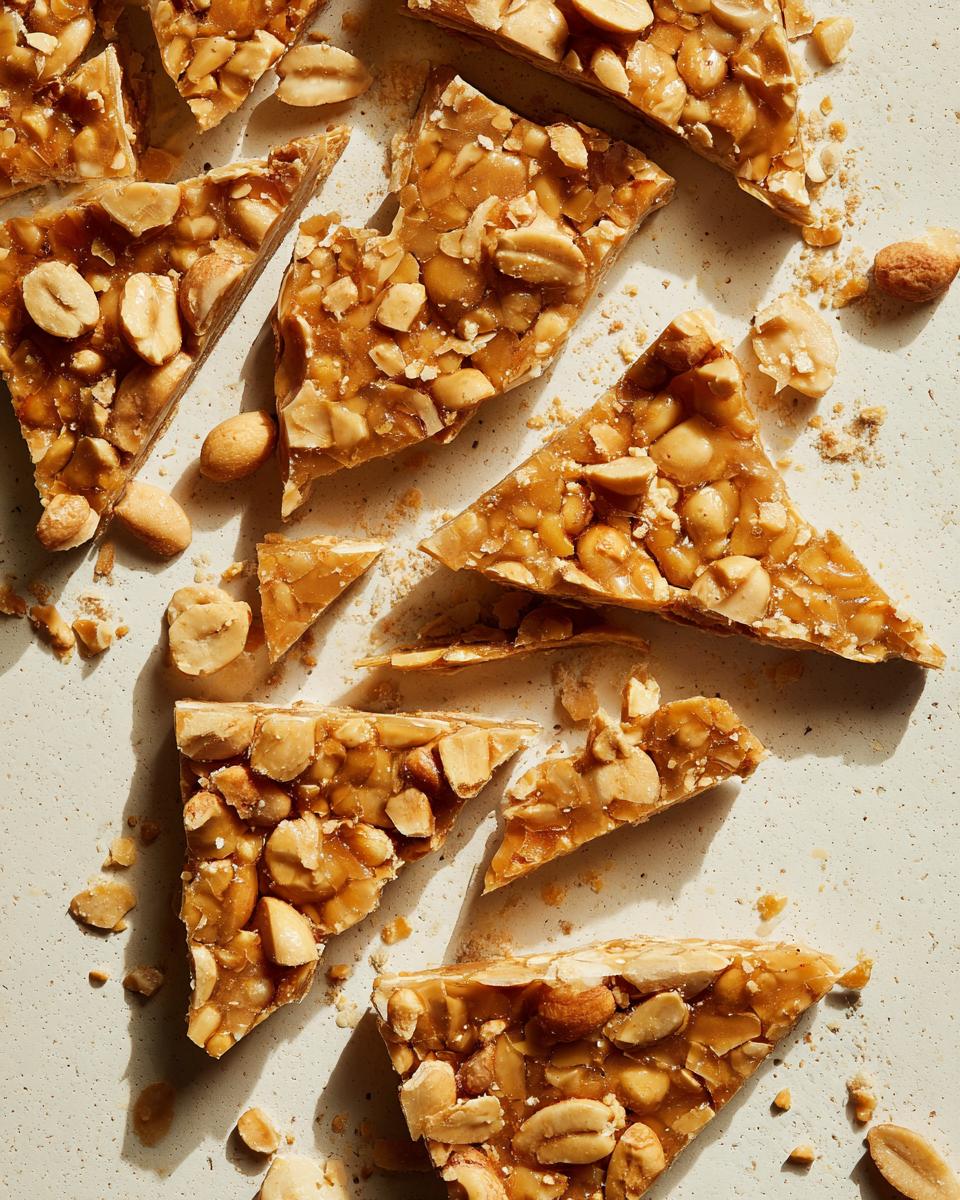 An overhead shot of several pieces of Homemade Peanut Brittle scattered on a light surface.