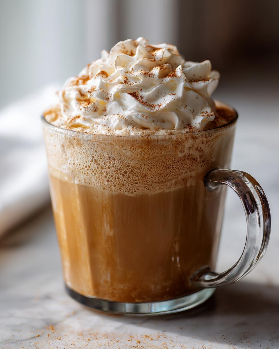 A glass mug filled with a Homemade Pumpkin Spice Latte, topped with whipped cream and a sprinkle of spice.