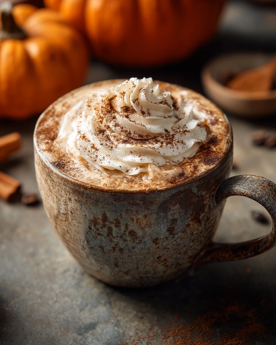 A rustic mug filled with a Homemade Pumpkin Spice Latte, topped with whipped cream and pumpkin spice.