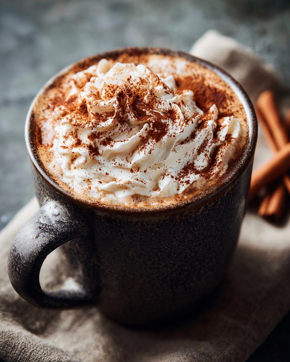A mug of Homemade Pumpkin Spice Latte topped with whipped cream and cinnamon, with cinnamon sticks on the side.