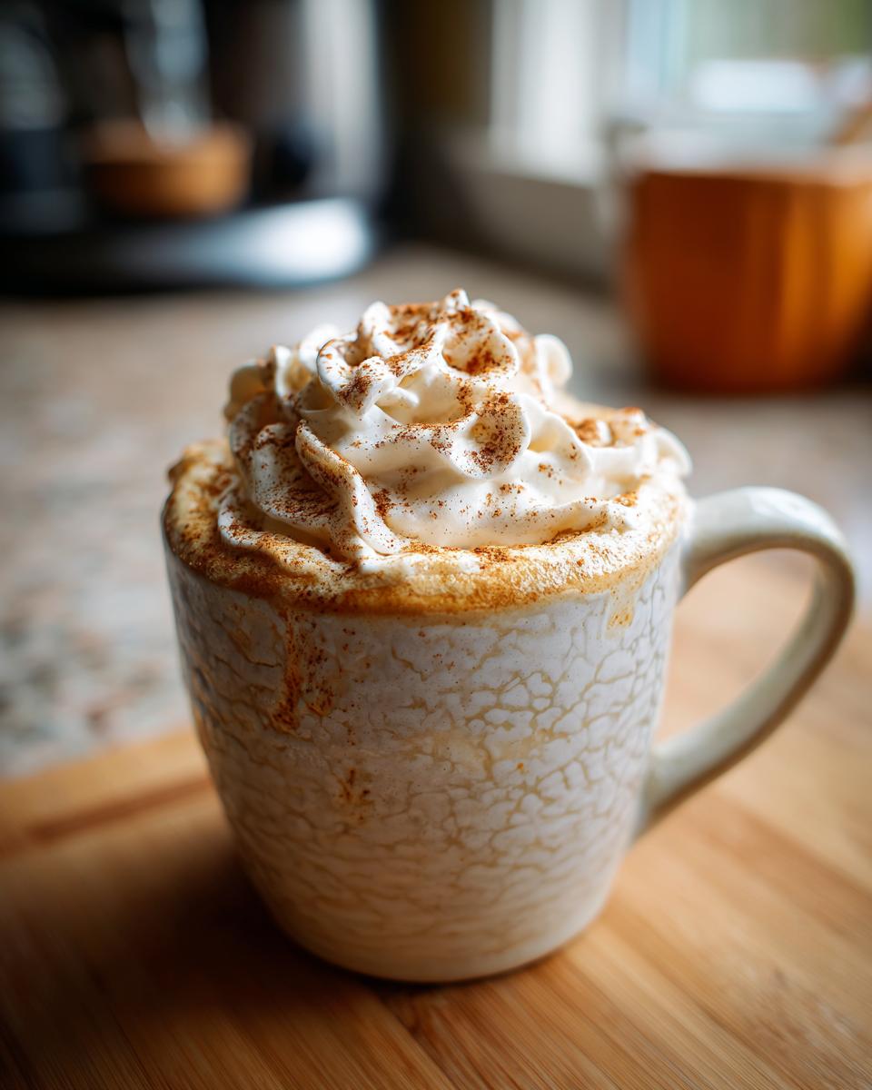 A mug of Homemade Pumpkin Spice Latte topped with whipped cream and a sprinkle of pumpkin spice.