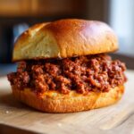 A close-up of a Homemade Sloppy Joes sandwich on a brioche bun, sitting on a wooden board.