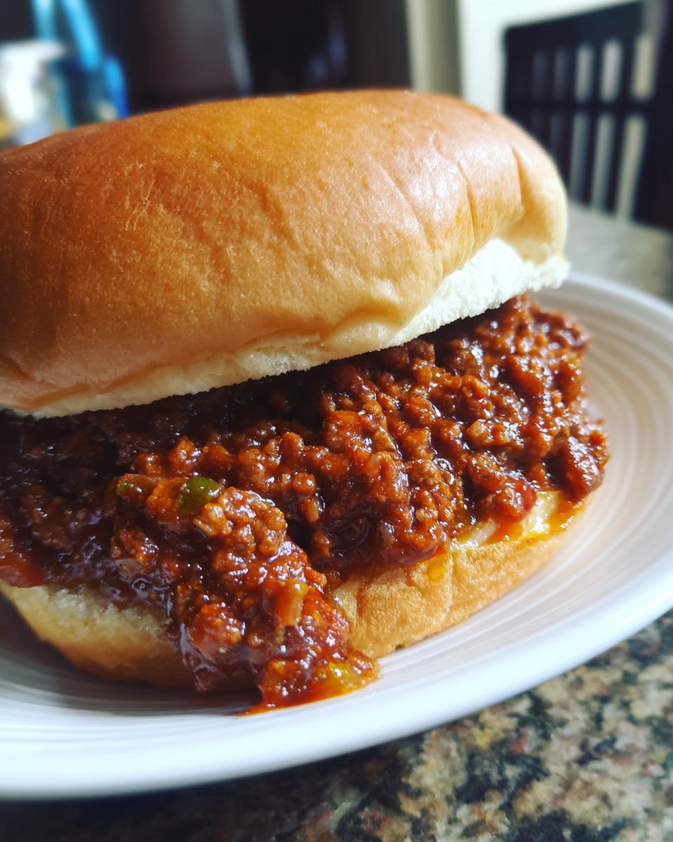 A close-up of a Homemade Sloppy Joes sandwich on a white plate, overflowing with savory meat sauce.
