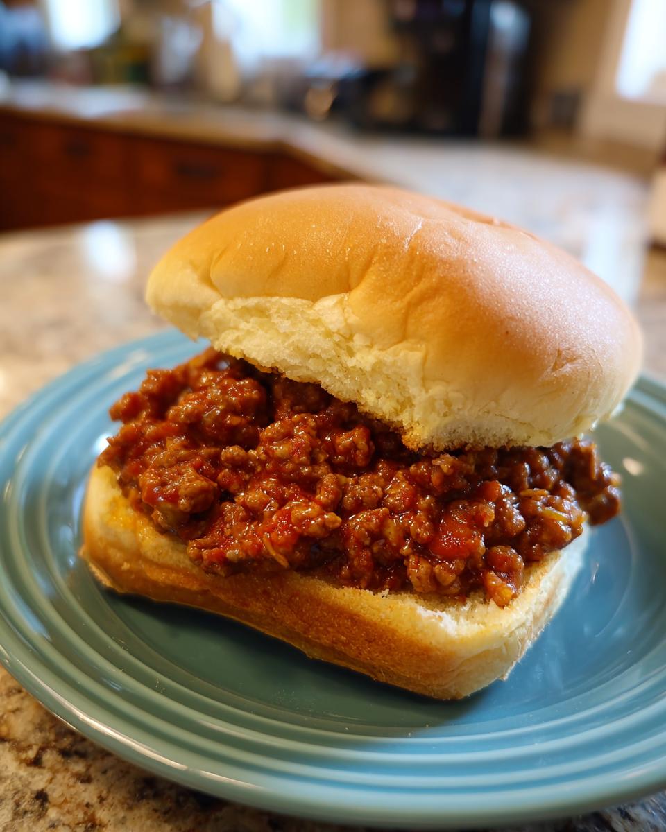 A close-up of a Homemade Sloppy Joes sandwich on a blue plate, showcasing the saucy meat filling.