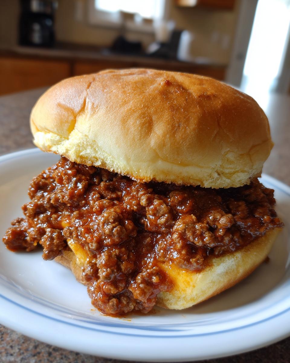 A juicy Homemade Sloppy Joes sandwich on a bun, overflowing with savory ground beef mixture.