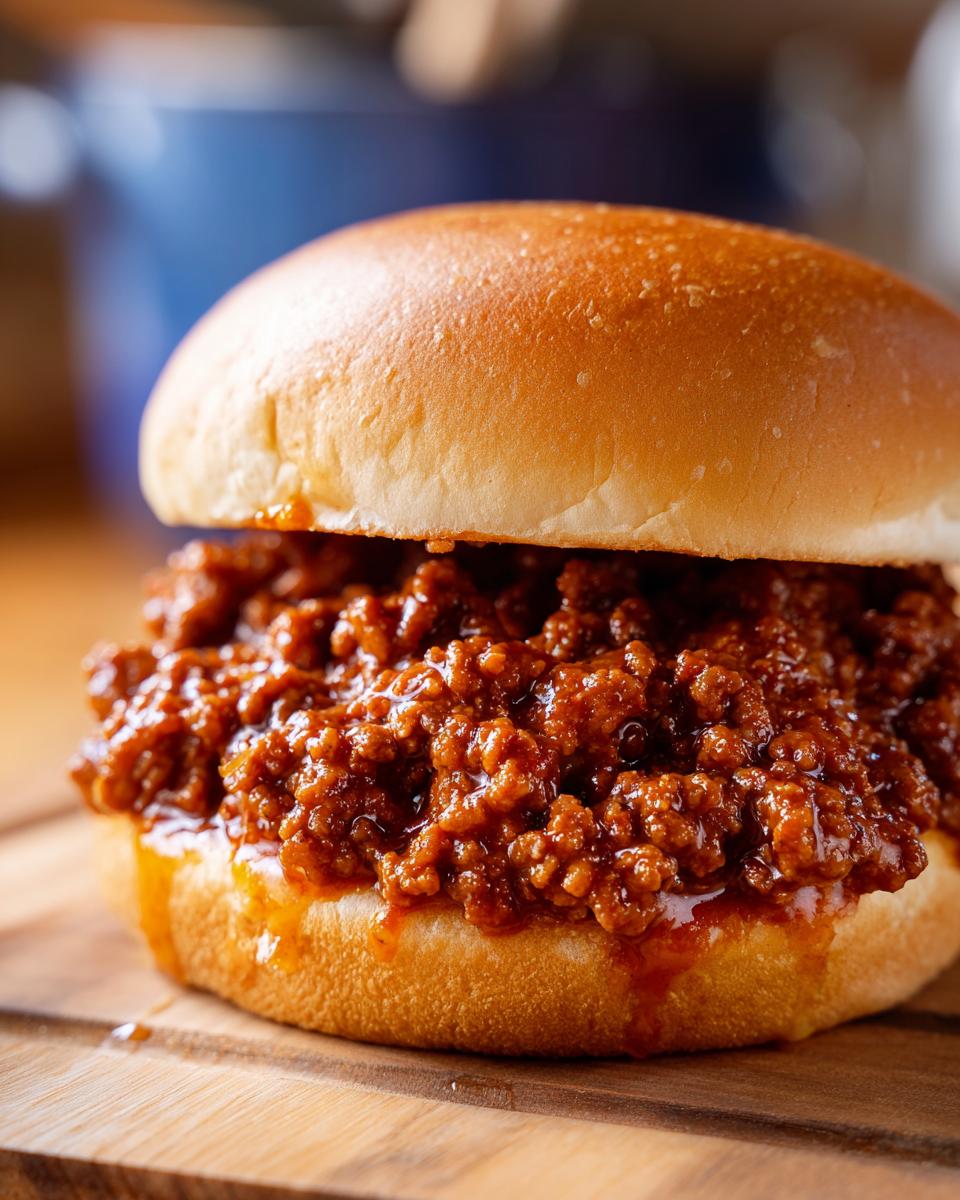 A close-up of a Homemade Sloppy Joes sandwich, overflowing with savory meat sauce on a toasted bun.