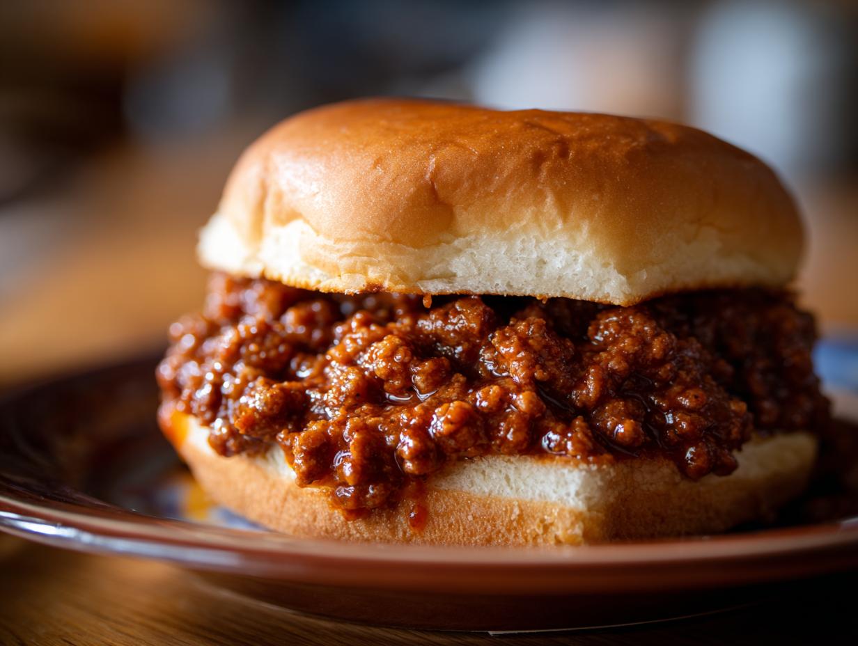 A juicy Homemade Sloppy Joes sandwich overflowing with seasoned ground beef on a soft bun.