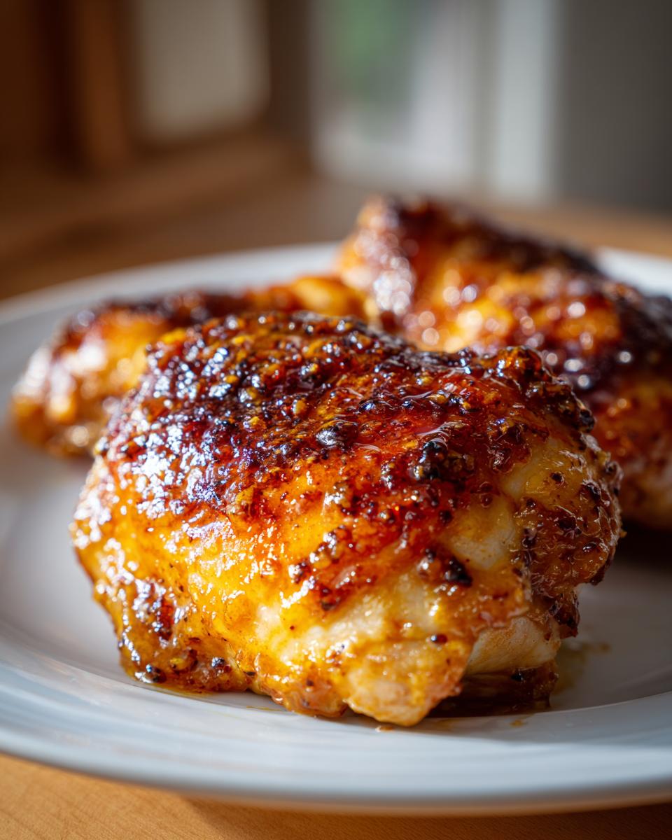 Three juicy Honey Mustard Chicken Breasts on a white plate, glistening with sauce.