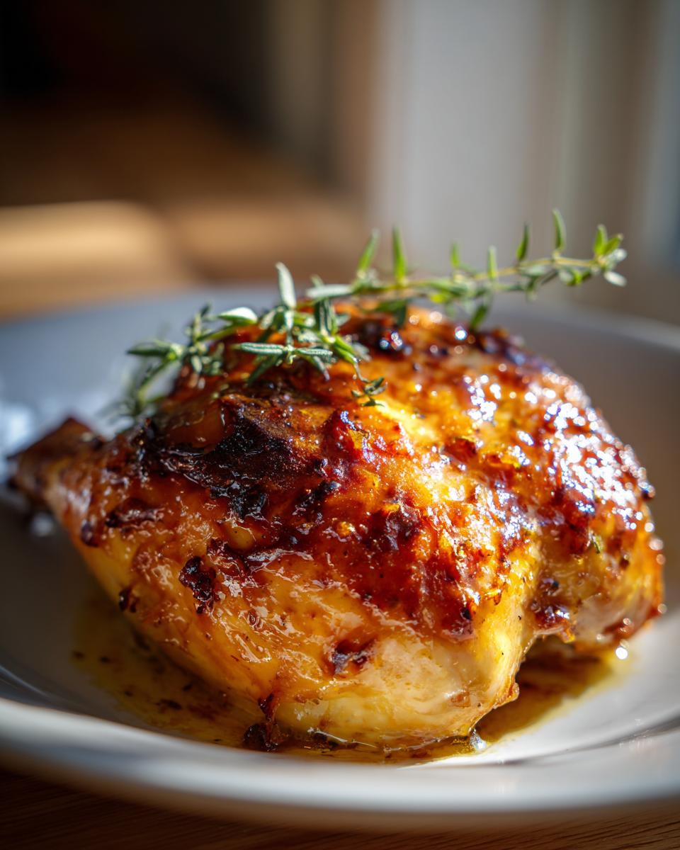 Close-up of a glazed Honey Mustard Chicken Breasts garnished with fresh thyme on a white plate.