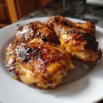 Close-up of Honey Mustard Chicken Breasts, showing the glazed chicken on a white plate.