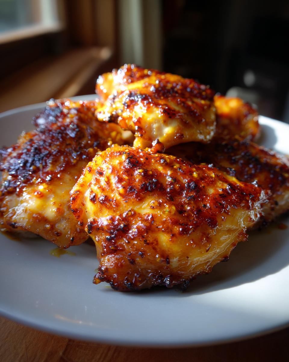 A plate of golden brown Honey Mustard Chicken Breasts, glistening with a delicious honey mustard glaze.