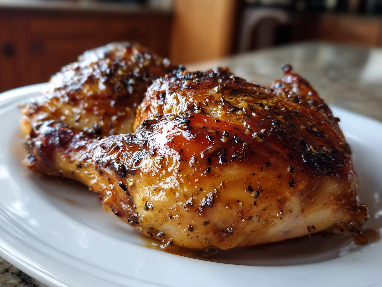 Two juicy Honey Mustard Chicken Breasts on a white plate, ready to eat.