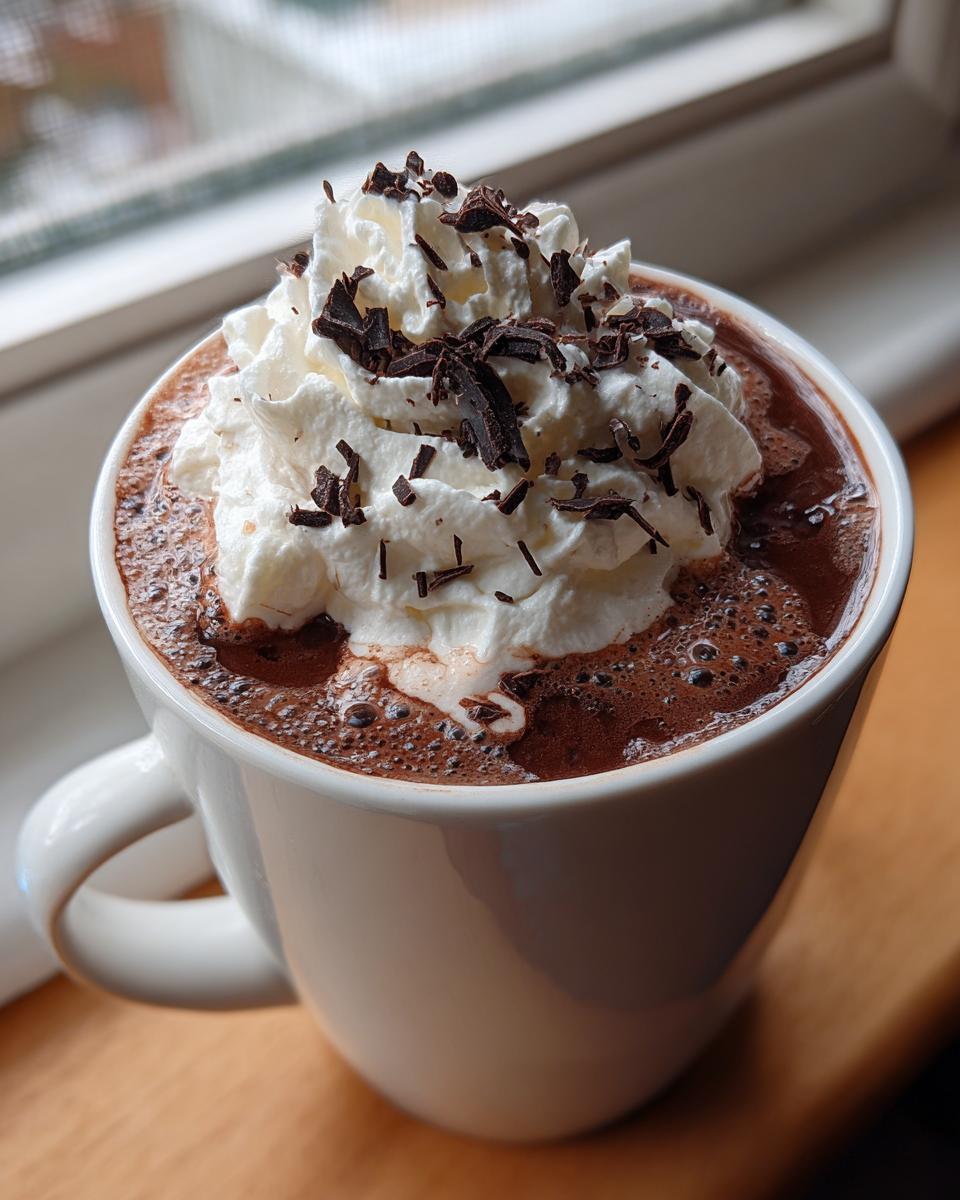 A mug of Hot Chocolate Starbucks Style, topped with whipped cream and chocolate shavings.