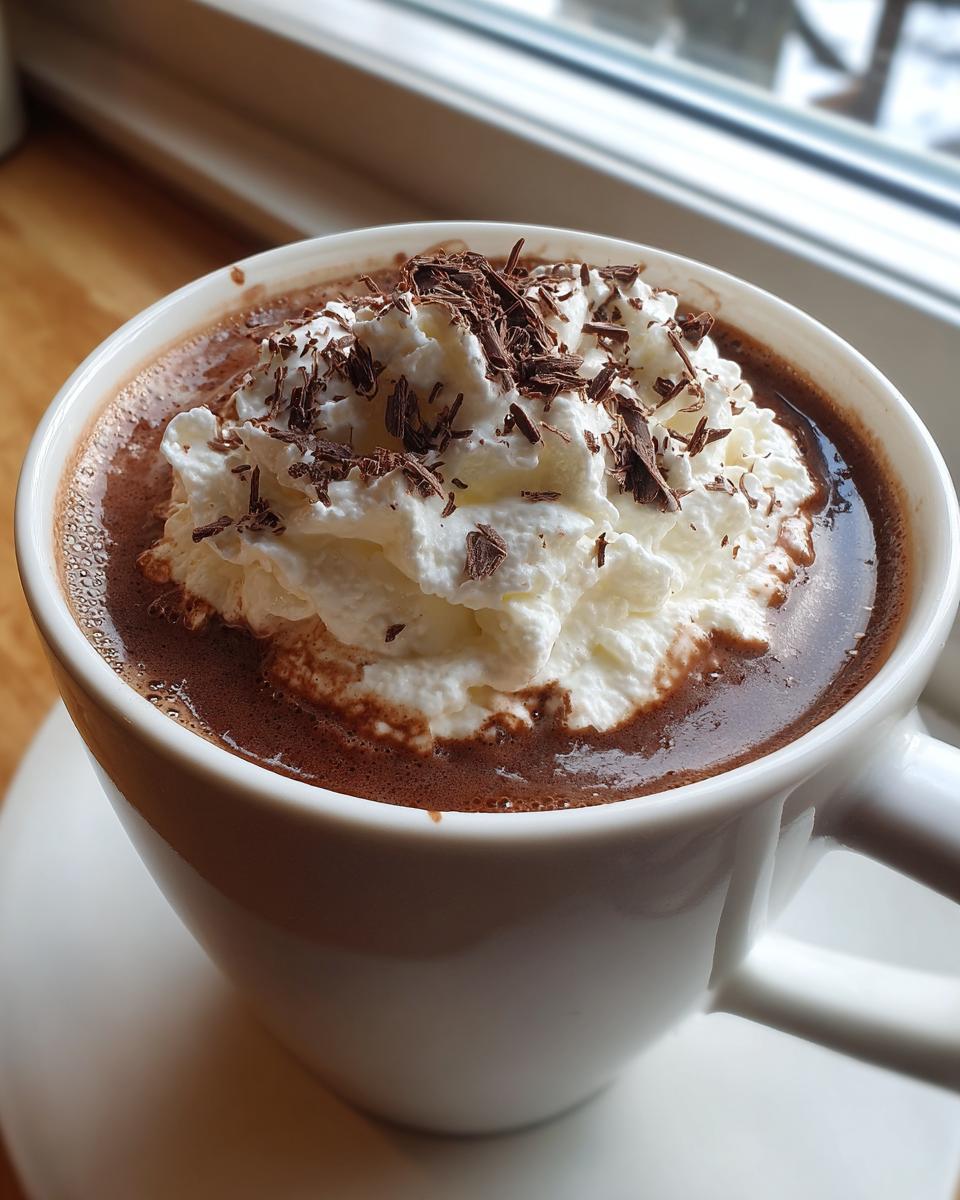 A mug of Hot Chocolate Starbucks Style topped with whipped cream and chocolate shavings, sitting on a saucer.
