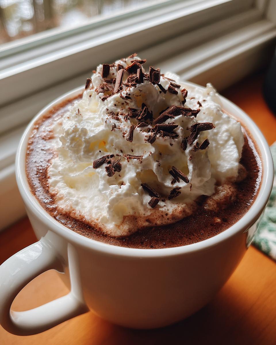 A mug of Hot Chocolate Starbucks Style, topped with whipped cream and chocolate shavings.