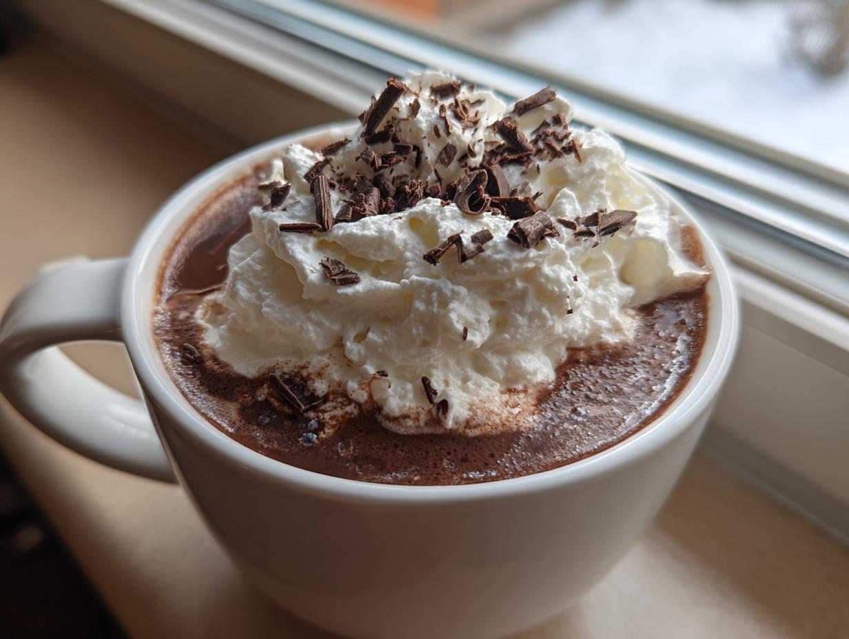 A mug of Hot Chocolate Starbucks Style, topped with whipped cream and chocolate shavings.