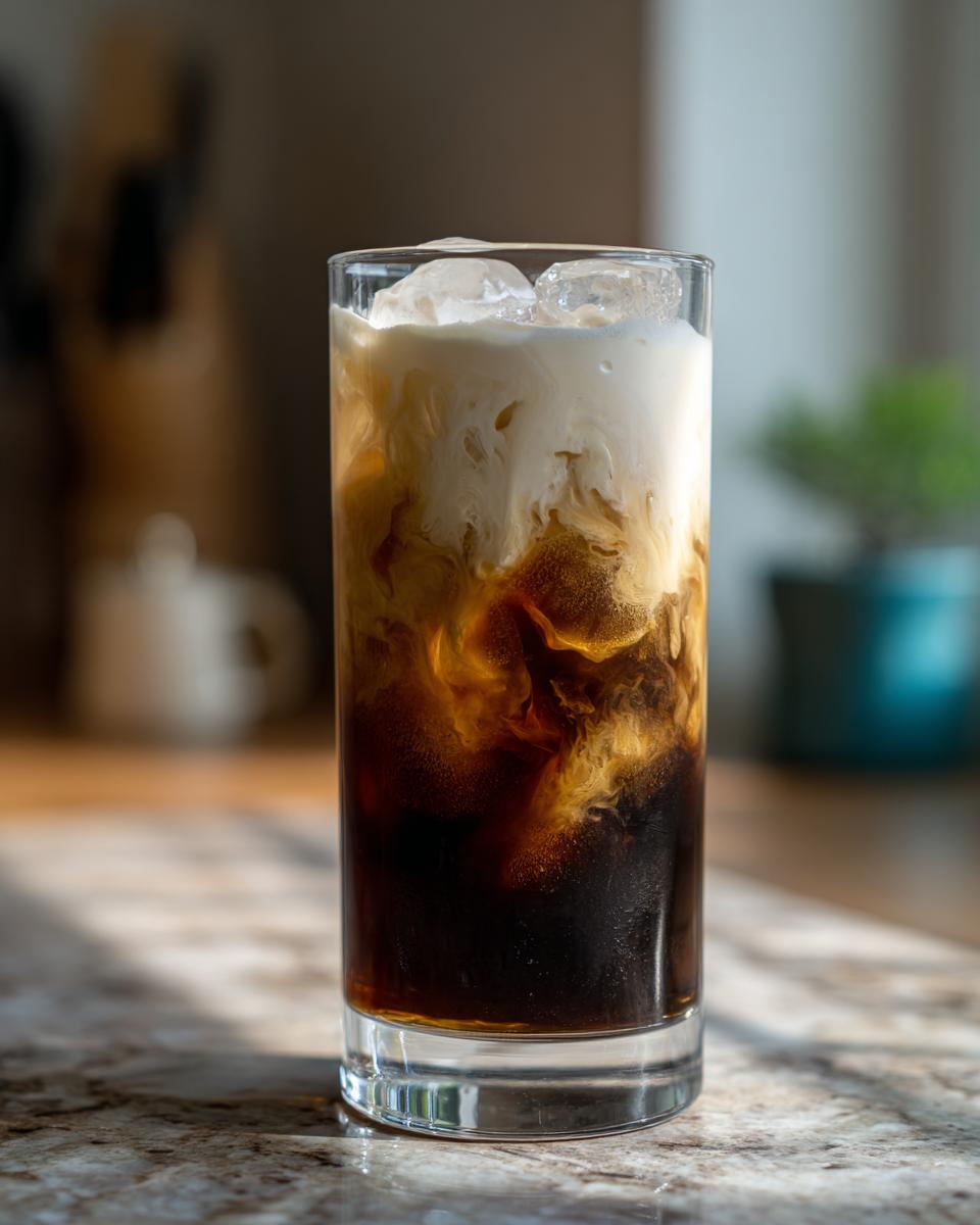 Tall glass of Iced Cold Brew with Vanilla Sweet Cream, showing the coffee and cream mixing.