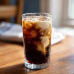 Tall glass of iced Cold Brew with Vanilla Sweet Cream on a wooden table, showing the layers of coffee and cream.