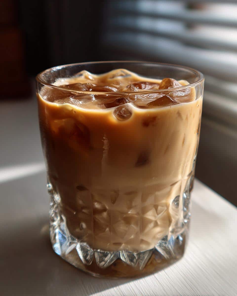 A glass of iced Creamy Baileys Irish Cream Copycat, showing the creamy texture and ice.