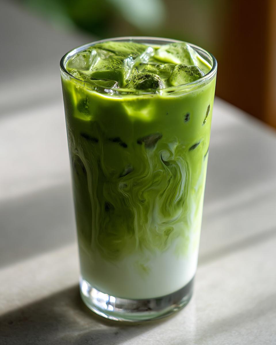 Tall glass of Iced Matcha Latte with ice and a creamy swirl of milk and matcha.