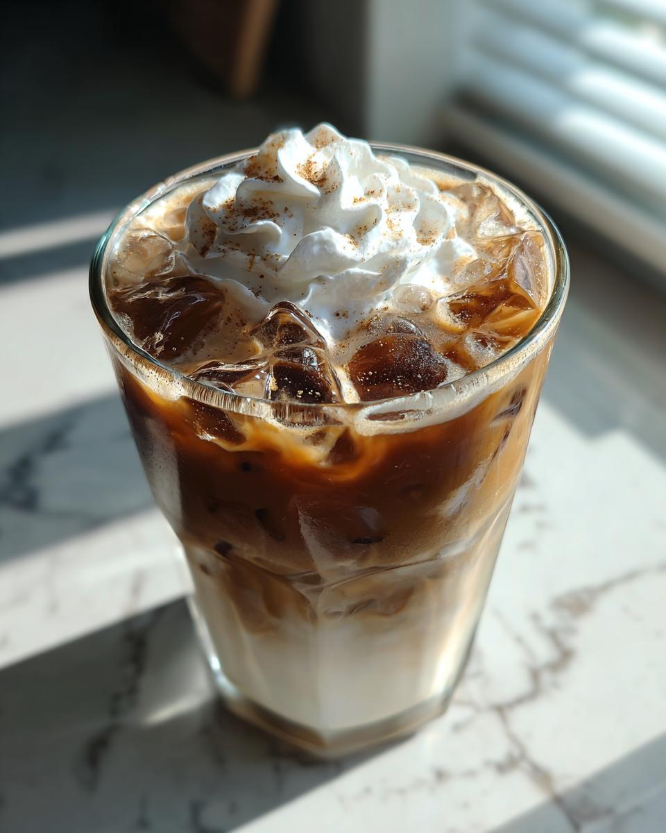 A refreshing Iced White Mocha Recipe drink in a glass with ice and whipped cream.