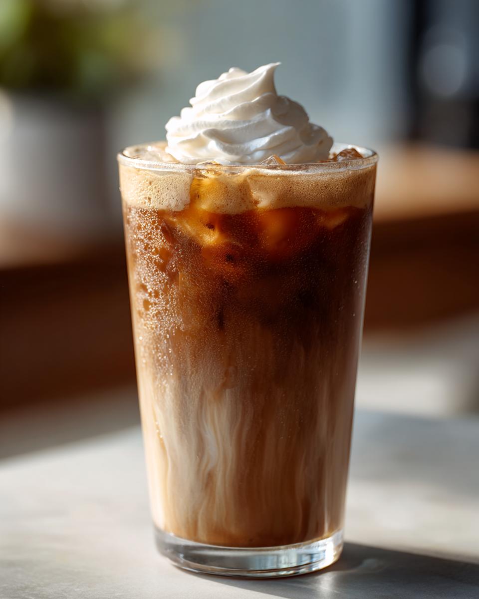 A tall glass of Iced White Mocha with layers of coffee, milk, and a generous topping of whipped cream.