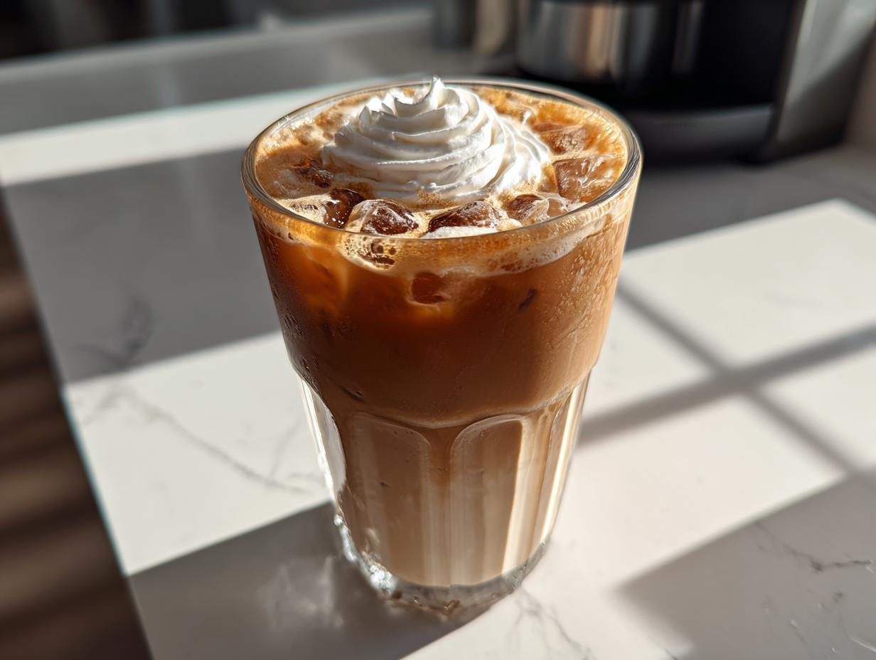A glass of Iced White Mocha Recipe drink with ice and whipped cream on a white marble surface.