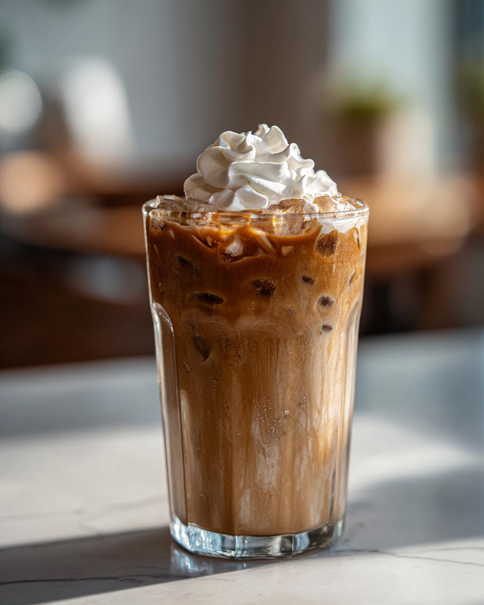 A refreshing Iced White Mocha topped with whipped cream in a tall glass with ice. Perfect for a sweet treat!