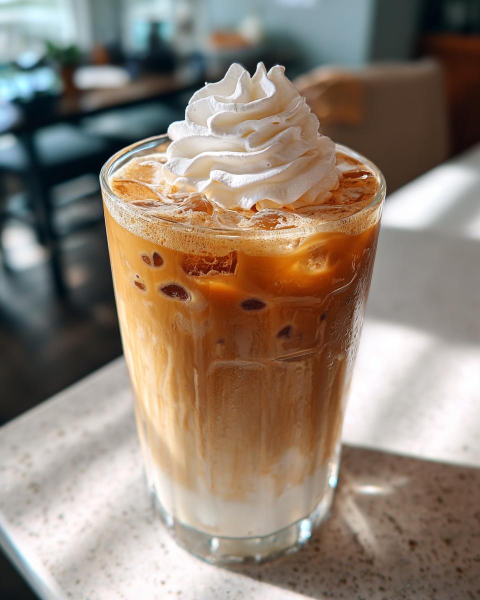 A tall glass of Iced White Mocha topped with whipped cream and ice, ready to drink.