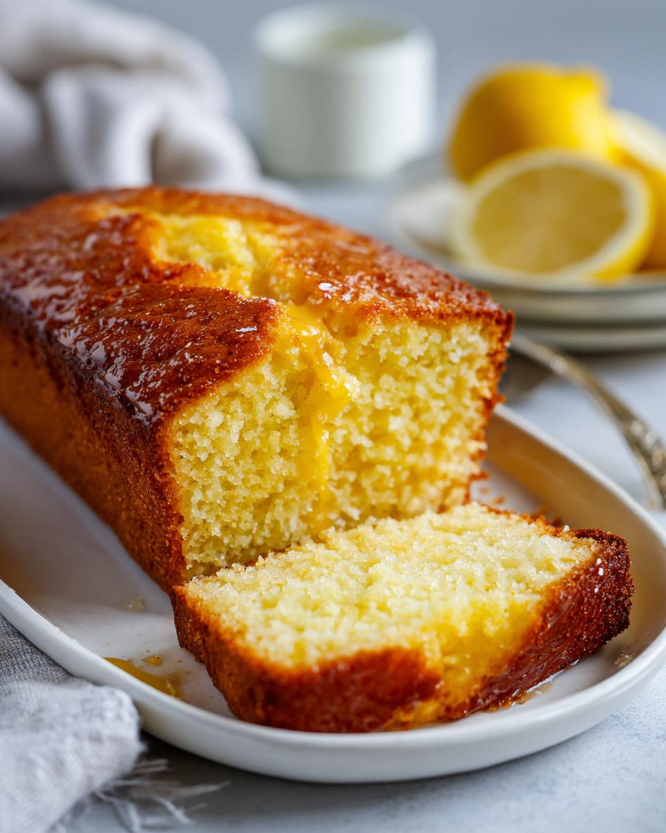 A glazed Lemon Cake Loaf with a slice cut, showing the moist texture and glaze. Lemons in background.
