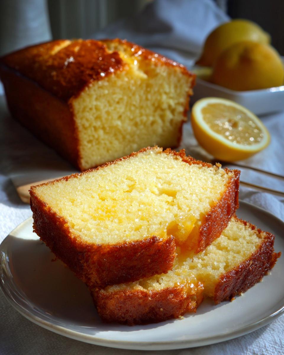 Two slices of glazed Lemon Cake Loaf stacked on a plate, with the rest of the loaf and fresh lemons in the background.