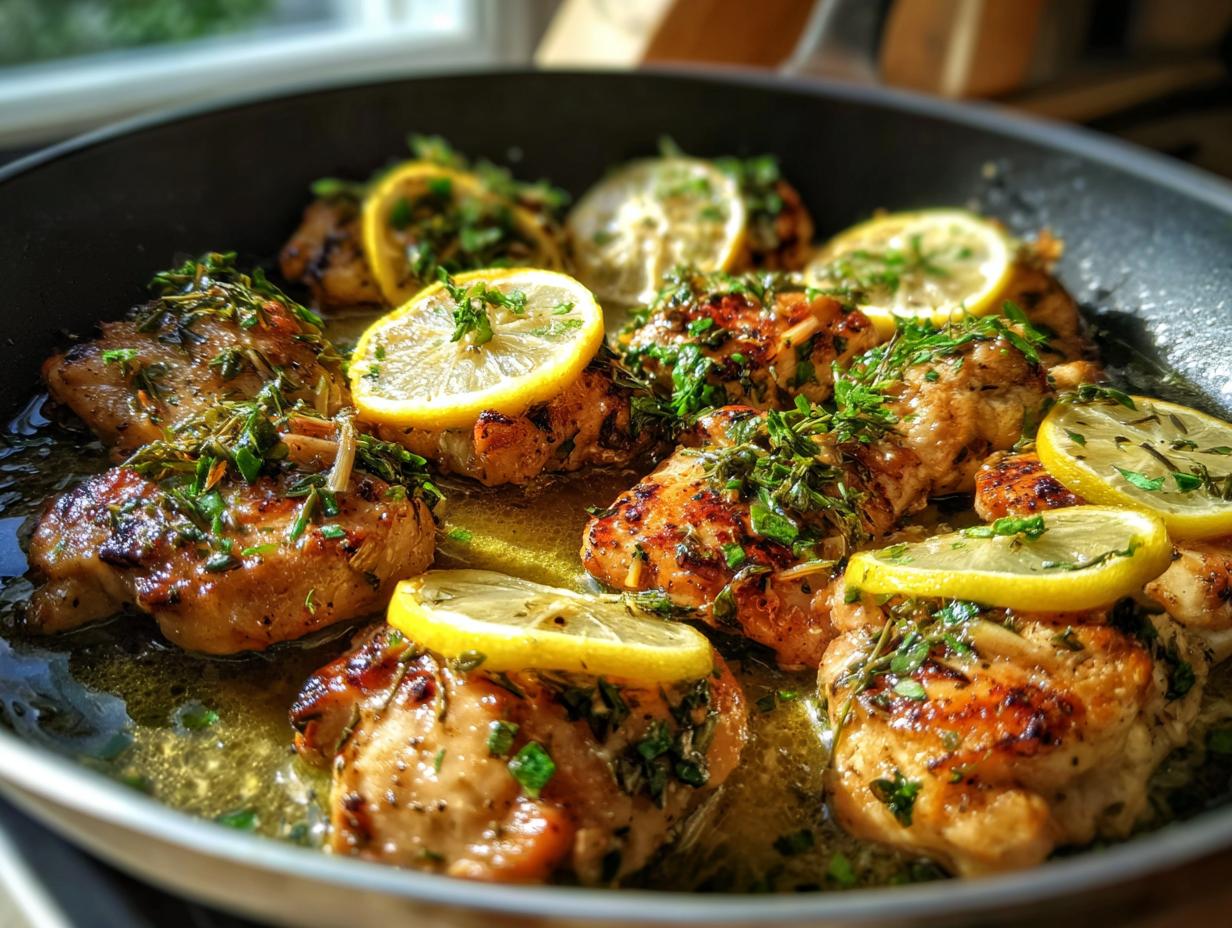 A delicious Lemon Herb Chicken Skillet with juicy chicken pieces, lemon slices, and fresh herbs.