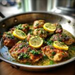 Close-up of Lemon Herb Chicken Skillet with lemon slices and fresh herbs in a stainless steel pan.