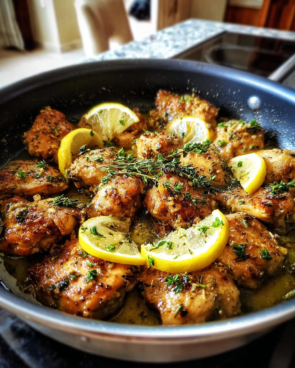 Lemon Herb Chicken Skillet with juicy chicken pieces, lemon slices, and fresh herbs.