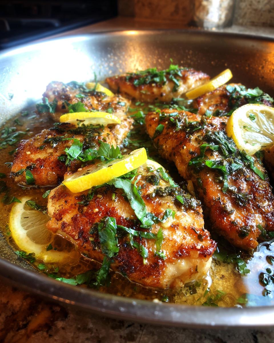 Close-up of Lemon Herb Chicken Skillet with juicy chicken breasts, lemon slices, and fresh herbs.