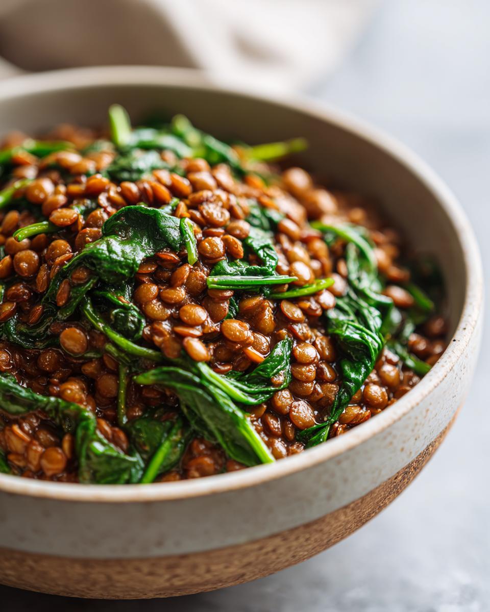 Close-up of a bowl filled with hearty Lentil Stew with Spinach, showcasing the vibrant green spinach and rich lentil texture.