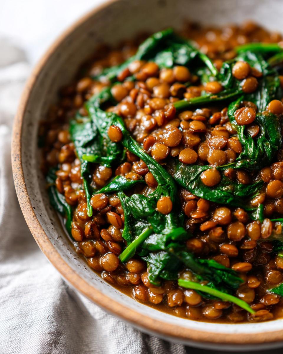 Close-up of a bowl filled with hearty Lentil Stew with Spinach, showcasing the rich texture and vibrant green spinach.