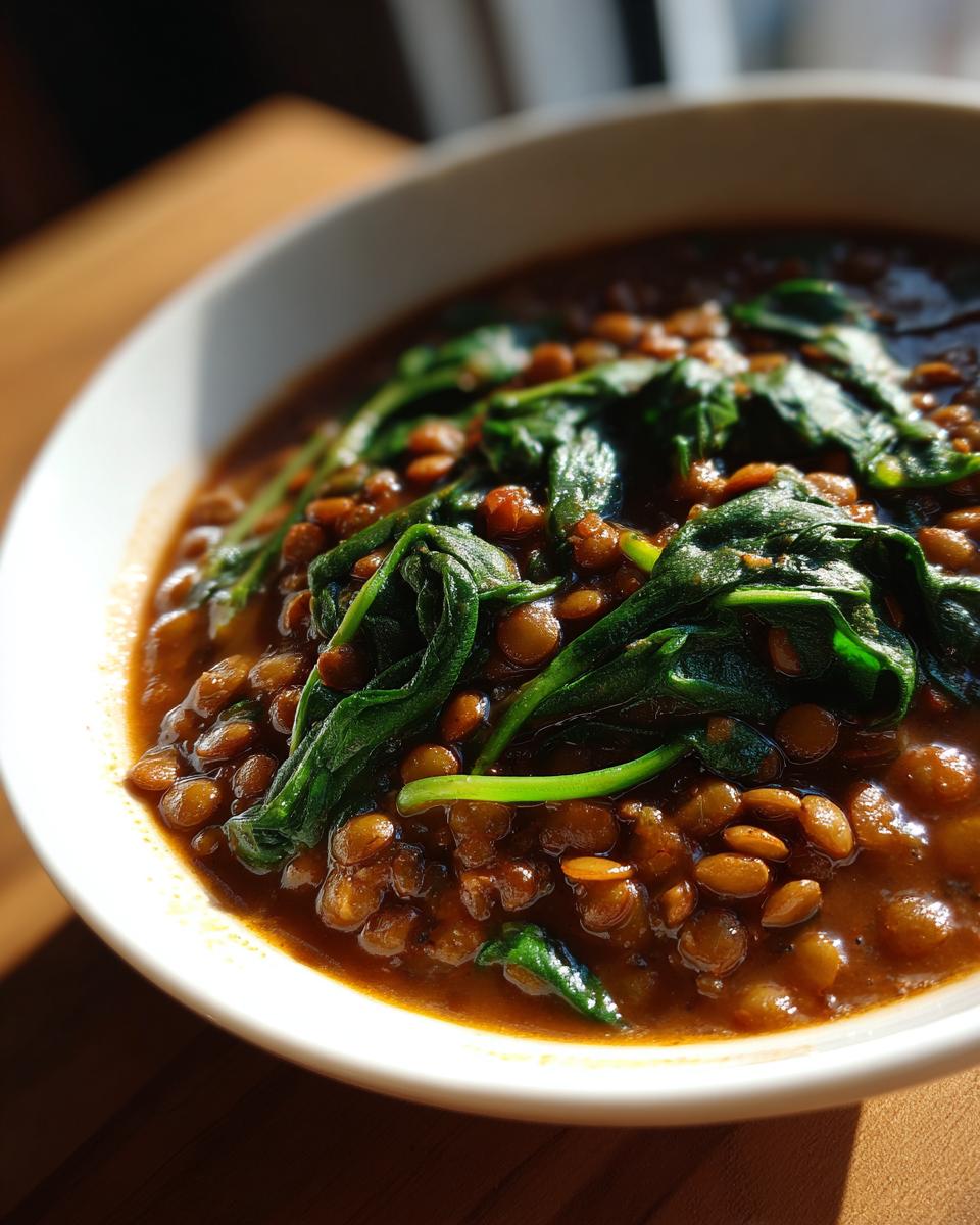 A bowl of hearty Lentil Stew with Spinach, showcasing the lentils and fresh spinach.