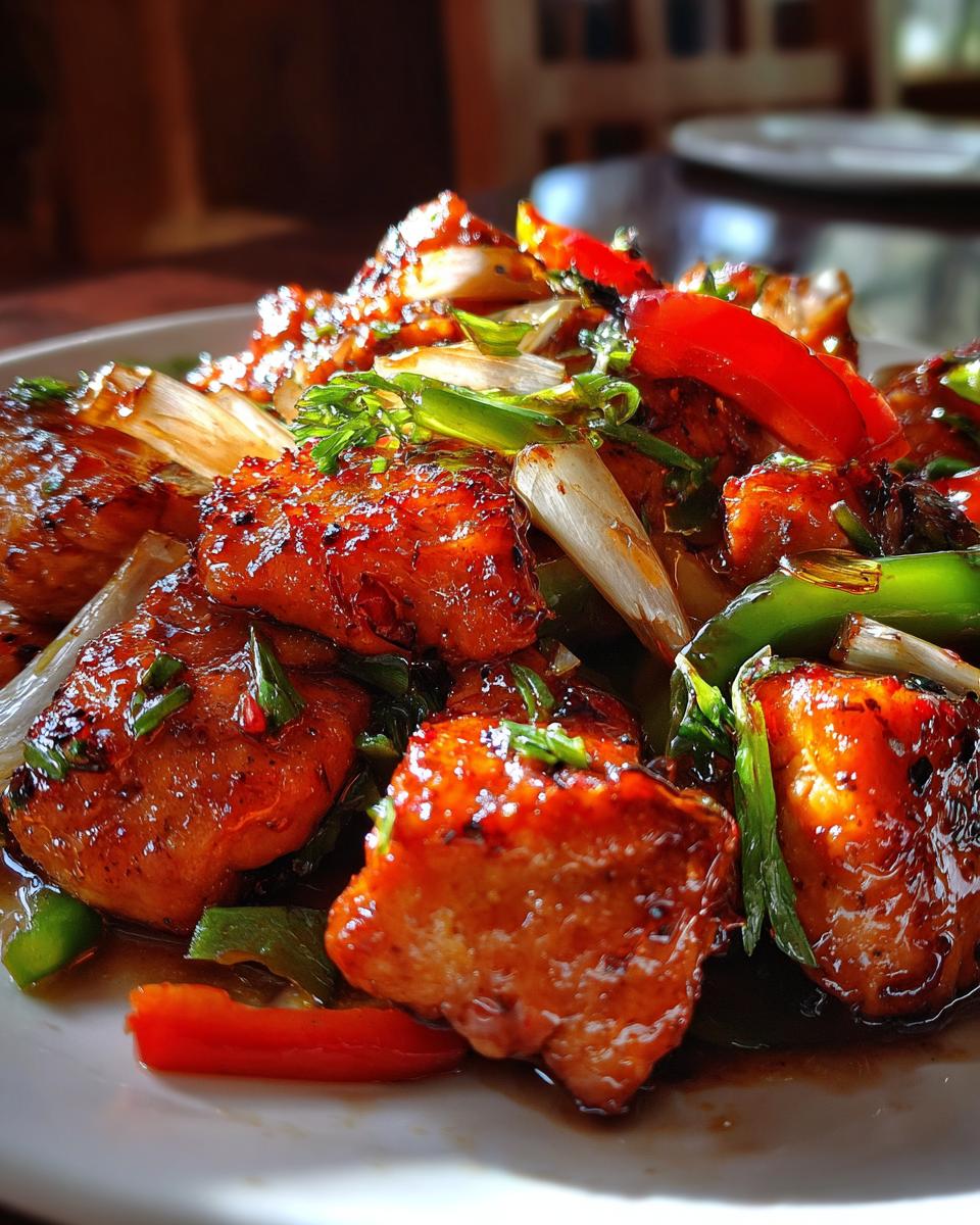 Close-up of Low-Carb Chicken Stir Fry with colorful peppers and green onions, served on a white plate.