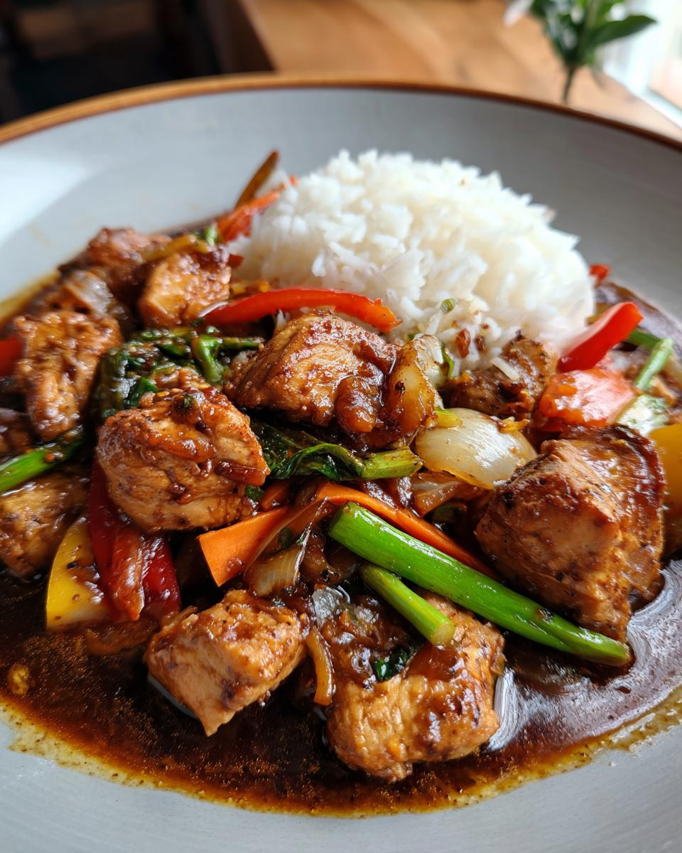 A plate of Low-Carb Chicken Stir Fry with colorful vegetables and a side of white rice.