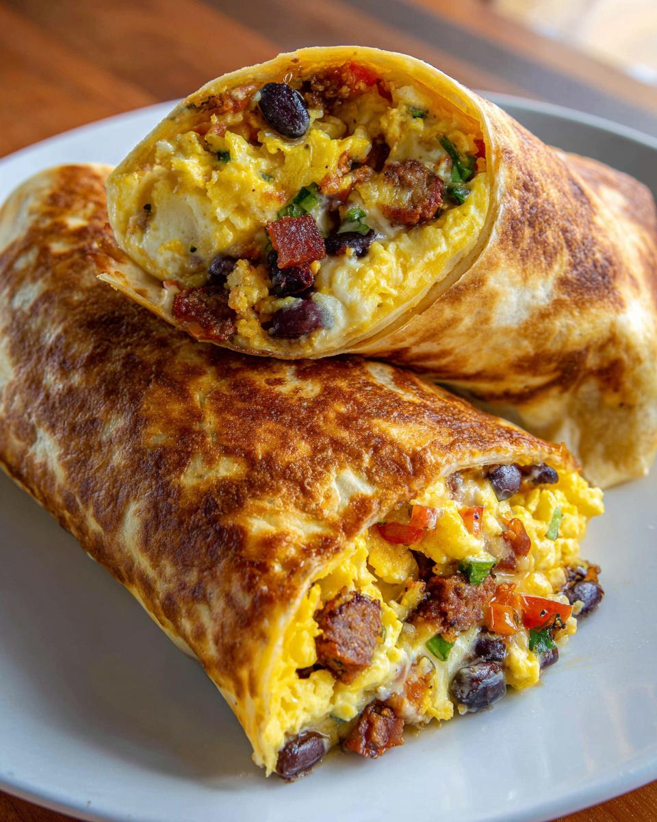 Two Meal Prep Breakfast Burritos, one cut in half, showing eggs, sausage, and black bean filling.