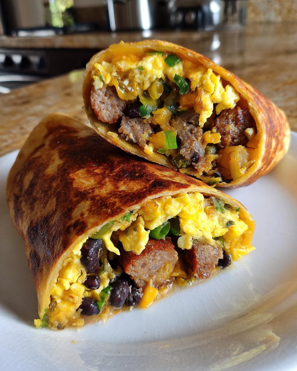 Two halves of a Meal Prep Breakfast Burrito showing the filling of eggs, sausage, and black beans.