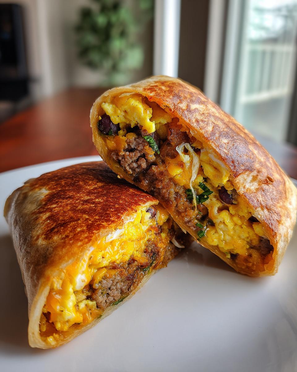 Two halves of a Meal Prep Breakfast Burrito showing the filling of eggs, sausage, beans, and cheese.