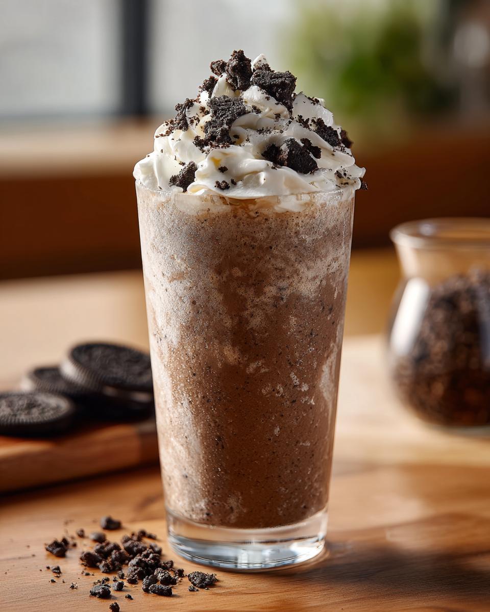 A tall glass of Mocha Cookie Crumble Frappuccino topped with whipped cream and cookie crumbles.