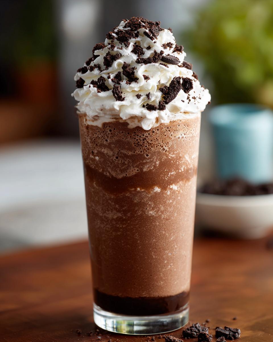 A tall glass of Mocha Cookie Crumble Frappuccino topped with whipped cream and cookie crumbles.