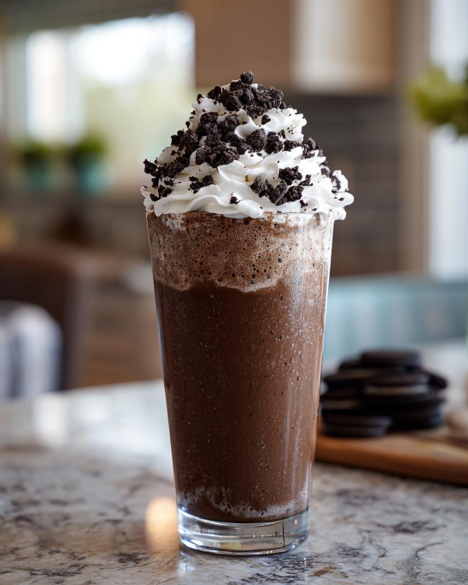 A tall glass of Mocha Cookie Crumble Frappuccino topped with whipped cream and cookie crumbles.