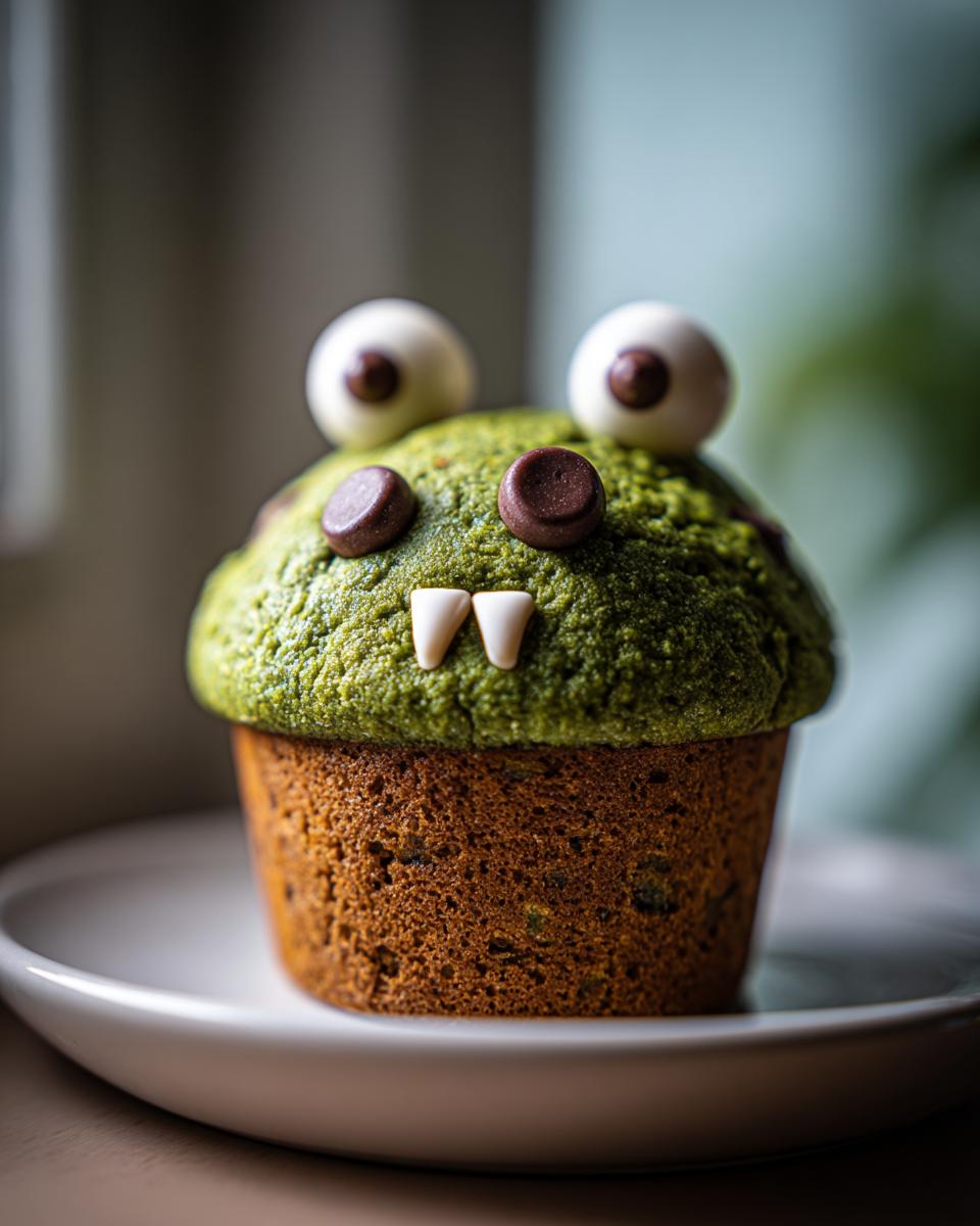 Close-up of a decorated green Monster Muffin for Kids with candy eyes and teeth on a white plate.