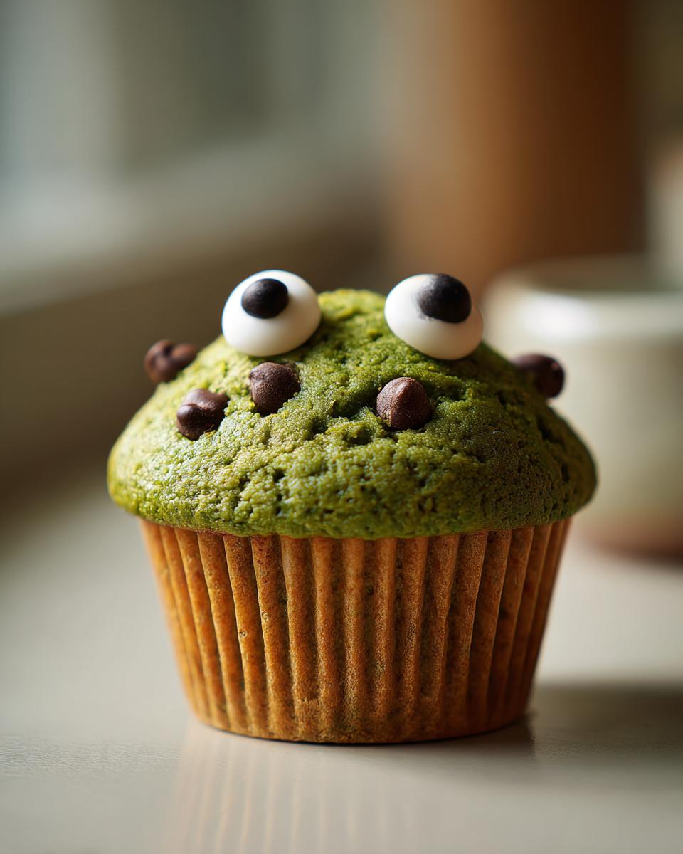 A green Monster Muffin for Kids with candy eyes and chocolate chips on a table.