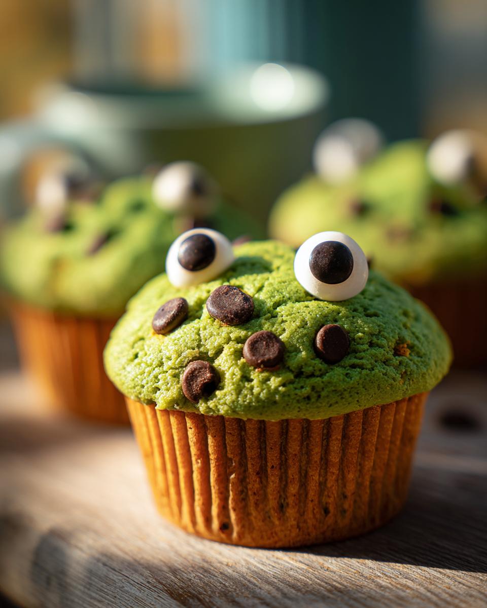 Close-up of green Monster Muffins for Kids decorated with candy eyes and chocolate chips.